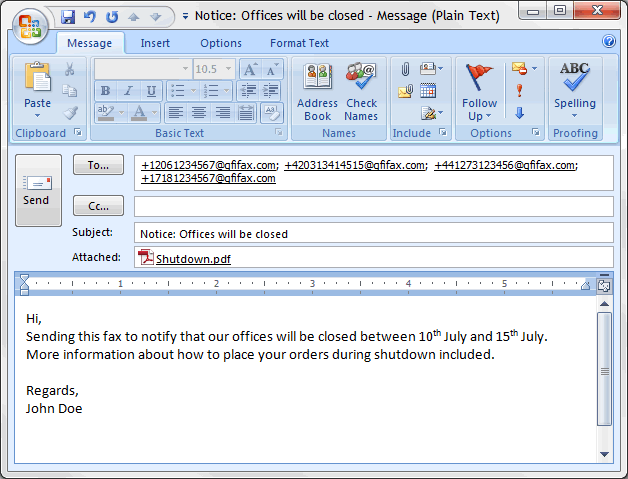 Compose a fax in Outlook